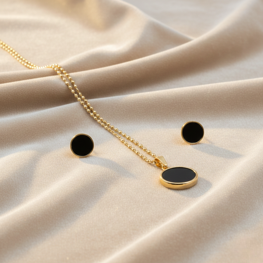 Gold-Tone Circle Pendant & Stud Set (Golden-Black)